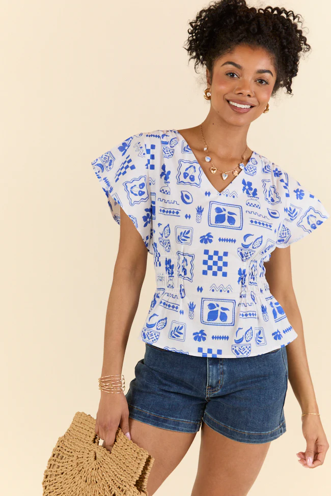 Missed You Blue Icon Printed Cinched Waist Woven Blouse FINAL SALE - Terpint