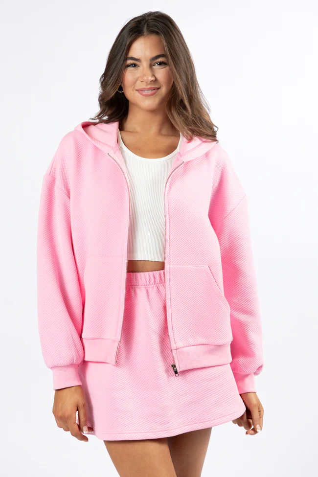 Have It My Way Pink Textured Knit Zip Up Hooded Sweatshirt - Terpint