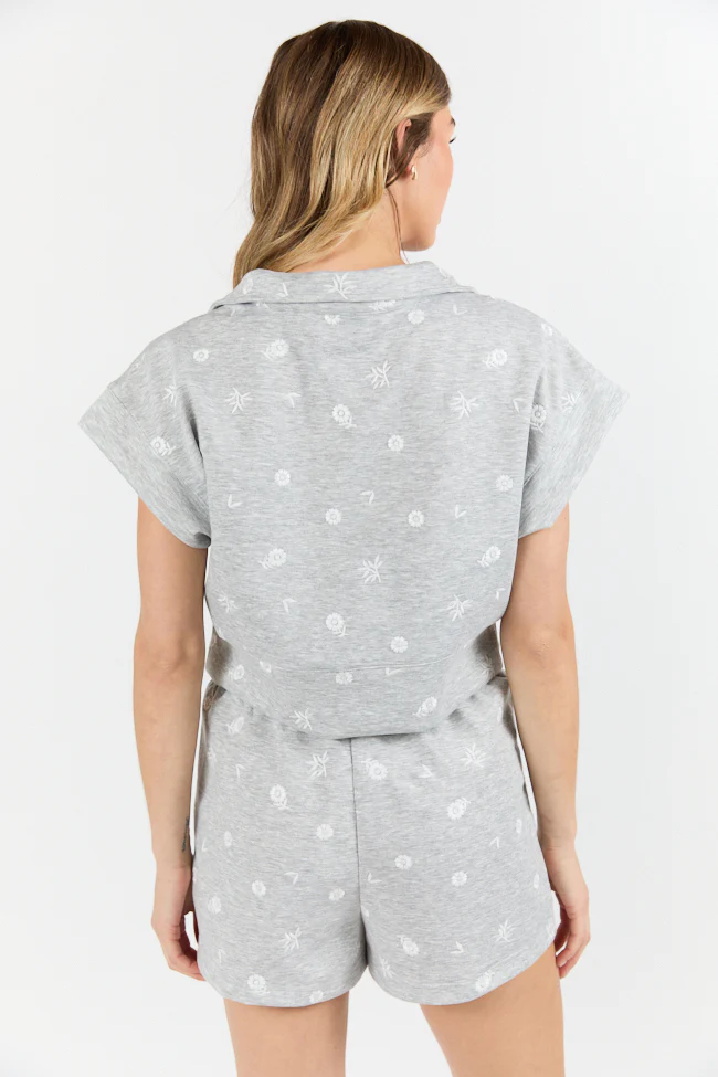 What A Catch Grey Floral Embroidered Half Zip Top SALE - Terpint