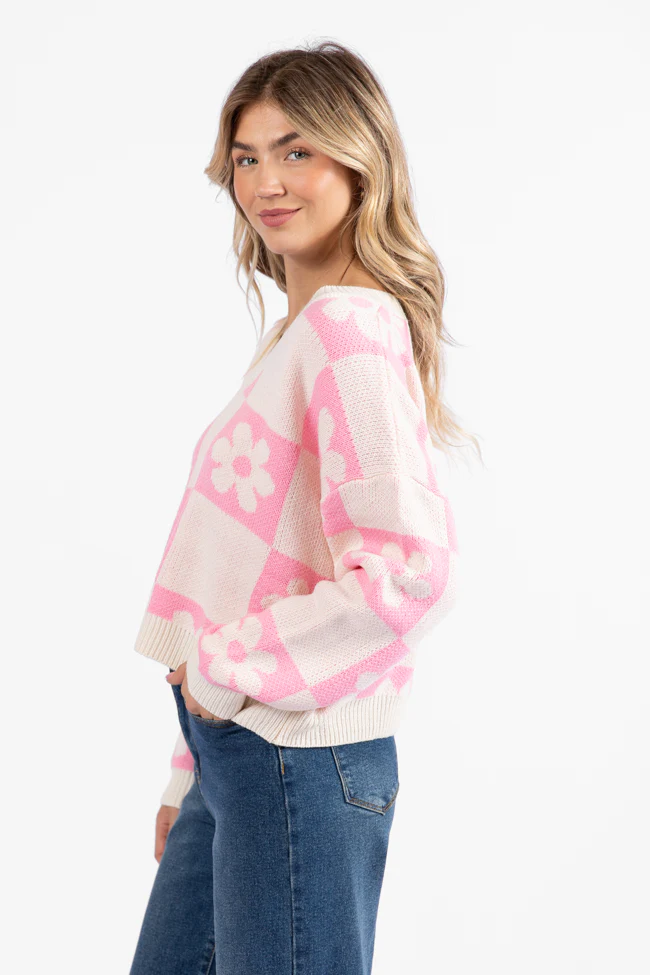 Found A New Way Pink V-Neck Checkered Flower Sweater FINAL SALE - Terpint