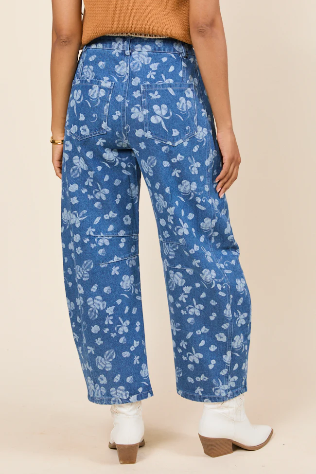 Katie Floral Printed Denim Barrel Jeans - Terpint