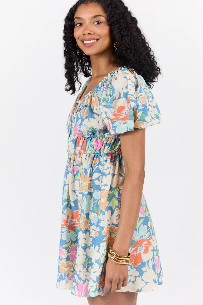 Remember Me Teal Multi Floral Short Sleeve Mini Dress DOORBUSTER - Terpint