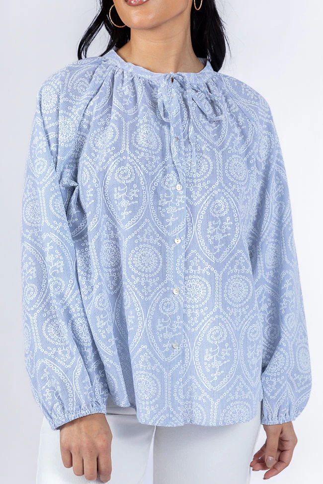 Downtown Delight Blue Embroidered Woven Button Down Blouse DOORBUSTER - Terpint