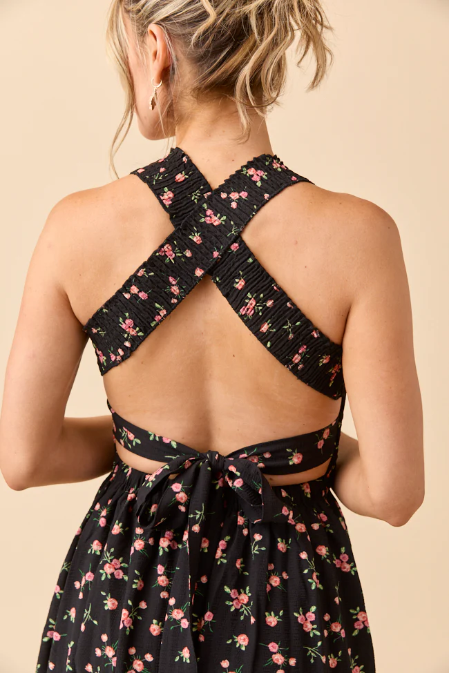 Jalissa Black Floral Criss Cross Back Maxi Dress - Terpint