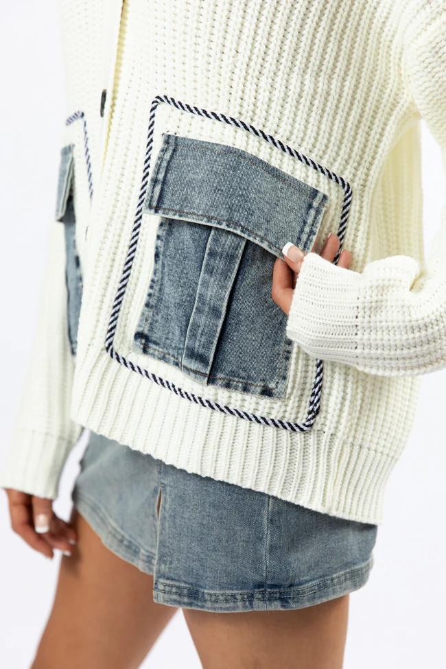 Living For Today Ivory Denim Pocket Cardigan FINAL SALE - Terpint
