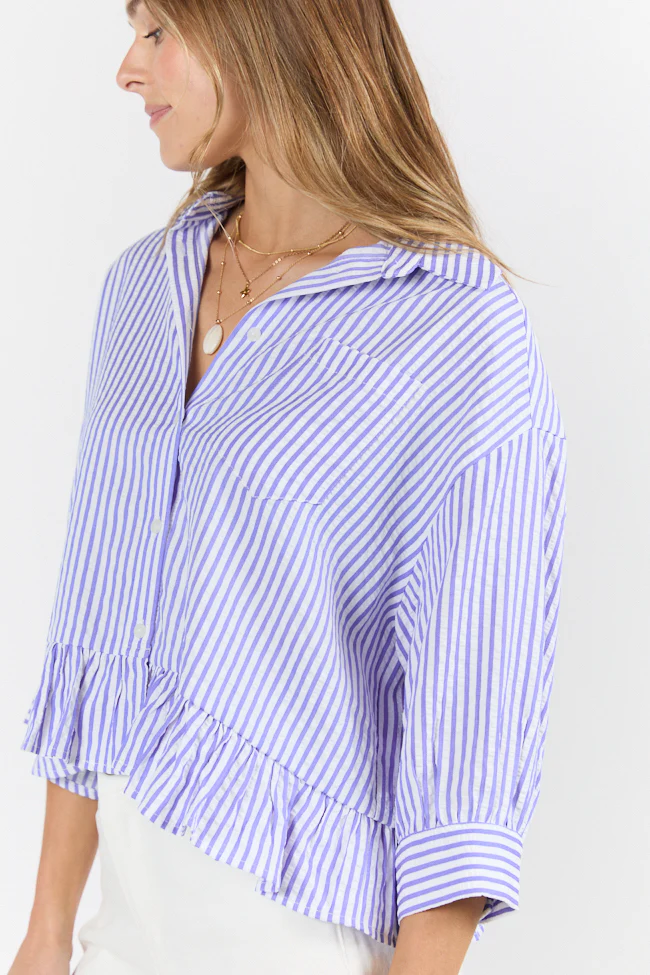 In Depth Blue Ruffle Hem Textured Stripe Button Down Top SALE - Terpint