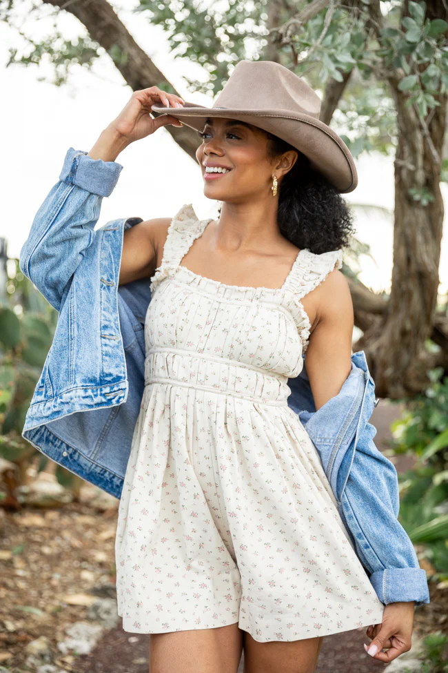 Out West Beige Printed Denim Romper Dress DOORBUSTER - Terpint