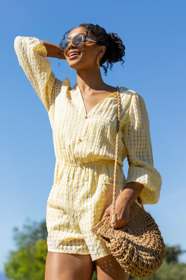 Set On You Yellow Gingham Long Sleeve Romper FINAL SALE - Terpint
