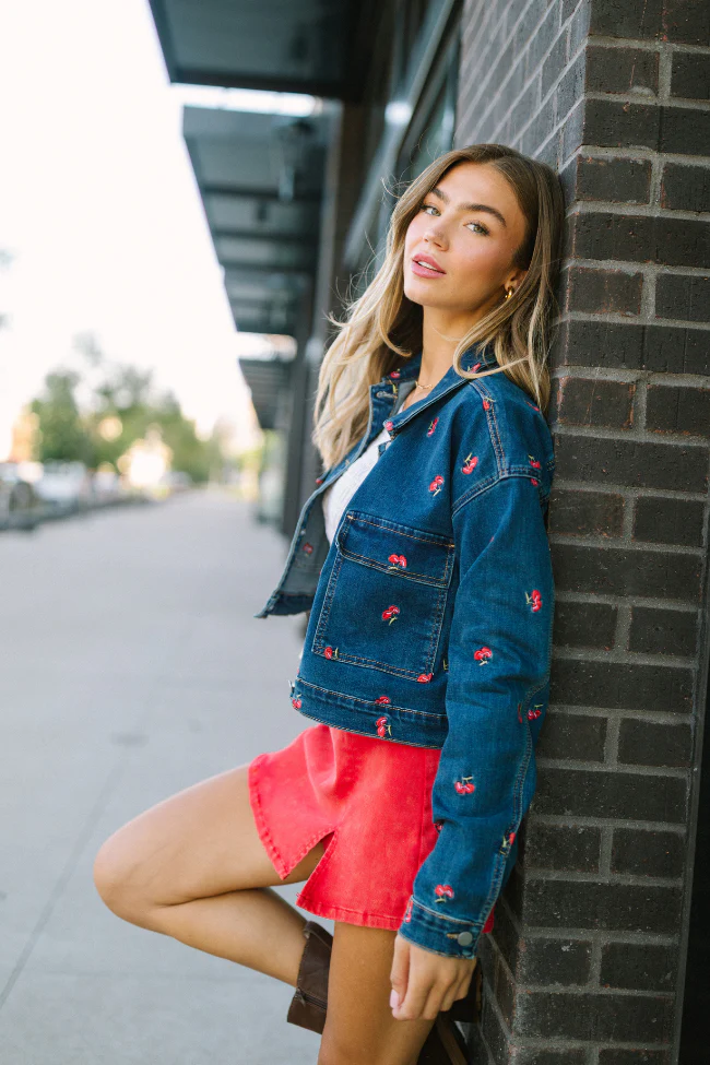 My Favorite Cherry Embroidered Stretch Denim Jacket - Terpint