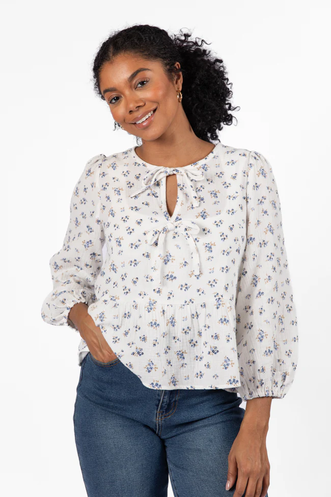 Close To Me Ivory and Blue Bow Detail Floral Blouse FINAL SALE - Terpint