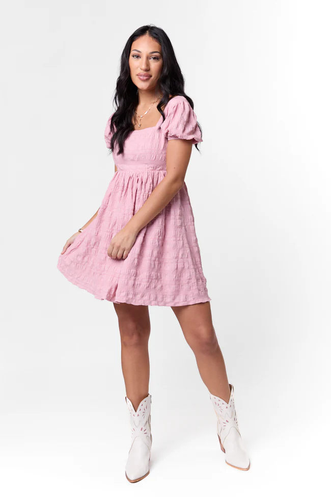 Breezing By Pink Textured Square Neck Mini Dress SALE - Terpint