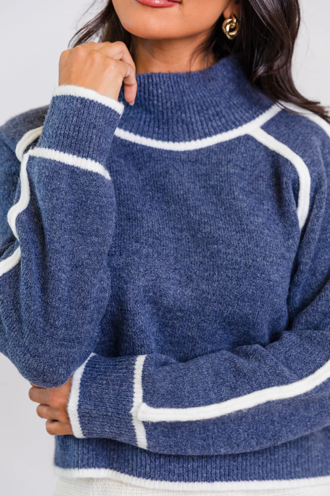 In Between Navy and Ivory Contrast Stitch Mock Neck Sweater FINAL SALE - Terpint