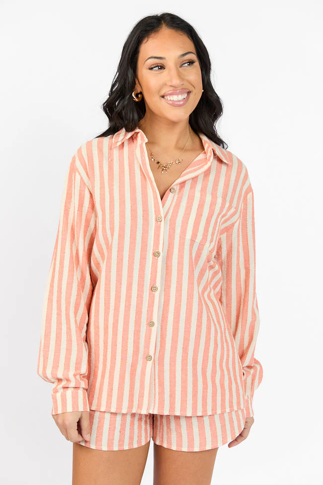 With The Tide Coral Striped Button Up Top FINAL SALE - Terpint