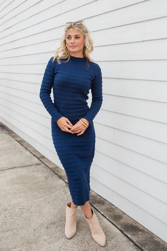 So Stylish Navy Textured Column Midi Dress FINAL SALE - Terpint