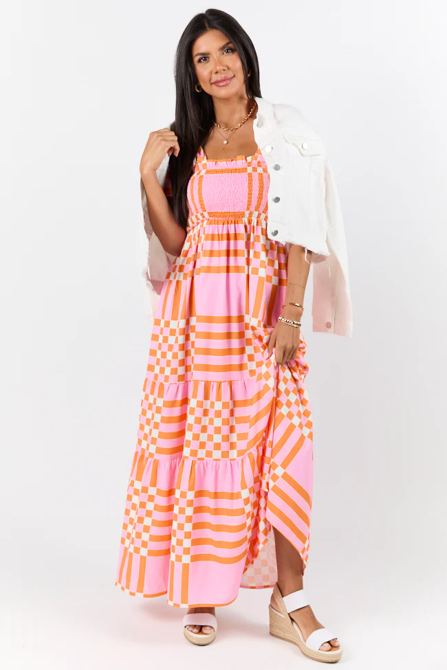 Get The Check Pink and Orange Printed Checkered Maxi Dress - Terpint