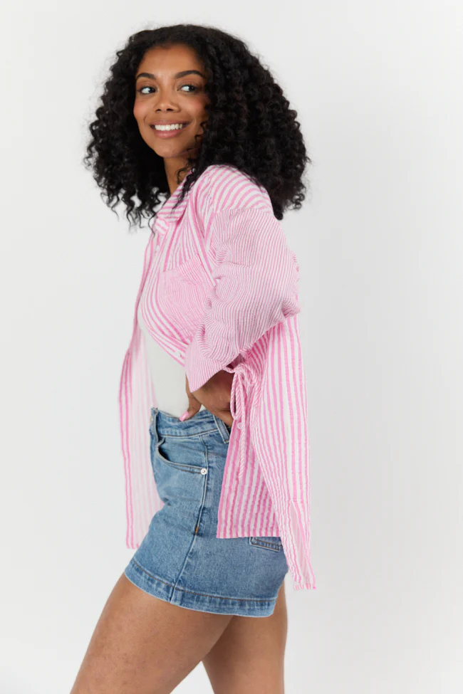 Daybreak Dreams Pink Gauze Multi Stripe Button Down Top FINAL SALE - Terpint