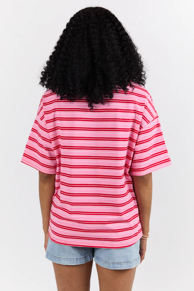 Between The Lines Pink and Red Oversized Striped Tee DOORBUSTER - Terpint