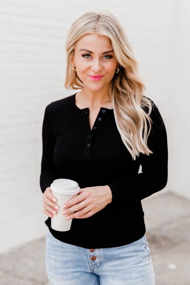 All The Better Black Ribbed Knit Henley Long Sleeve Tee FINAL SALE - Terpint