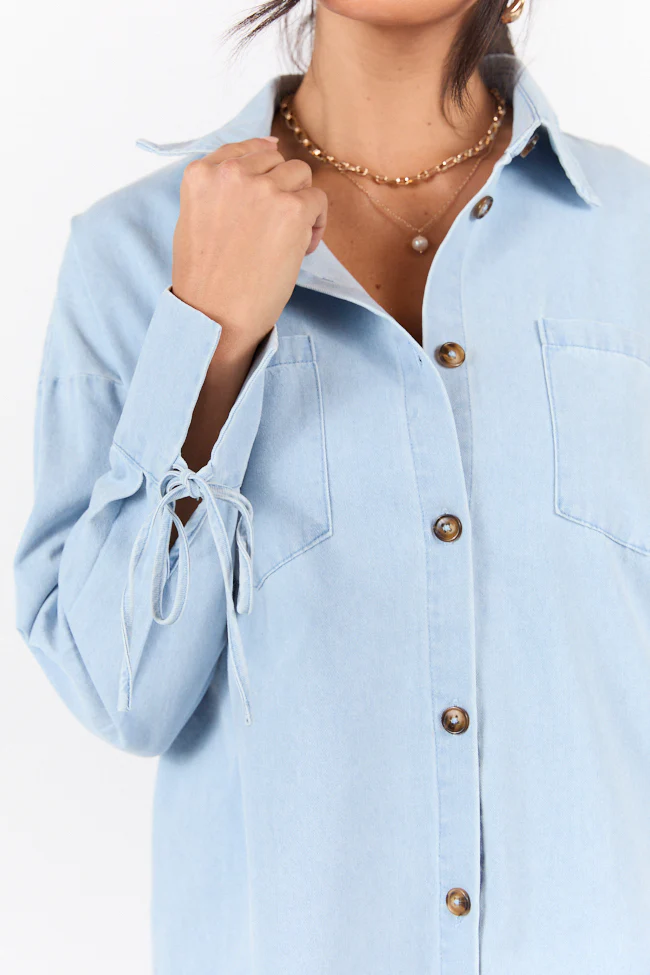 Different Plans Light Wash Chambray Button Down Blouse DOORBUSTER - Terpint