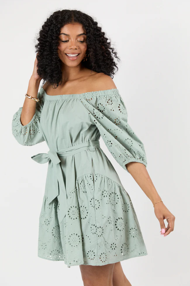 Set The Sage Eyelet Off The Shoulder Dress SALE - Terpint