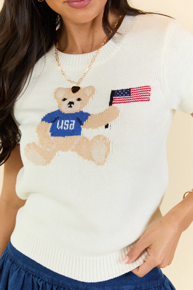 Made For Celebratin' Ivory Americana Short Sleeve Bear Sweater FINAL SALE - Terpint