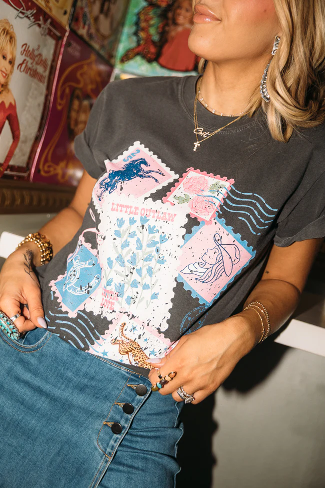 Outlaw Stamp Collection Dark Grey Graphic Tee Just Classically Cassidy X Pink Lily - Terpint
