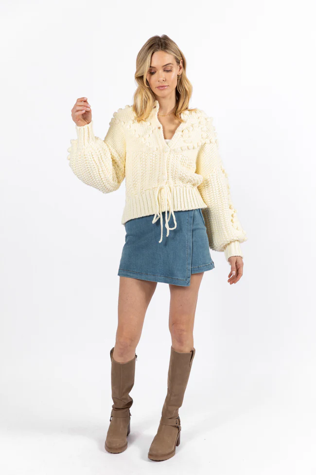 Pom Party Cream Chunky Cinched Waist Cardigan FINAL SALE - Terpint