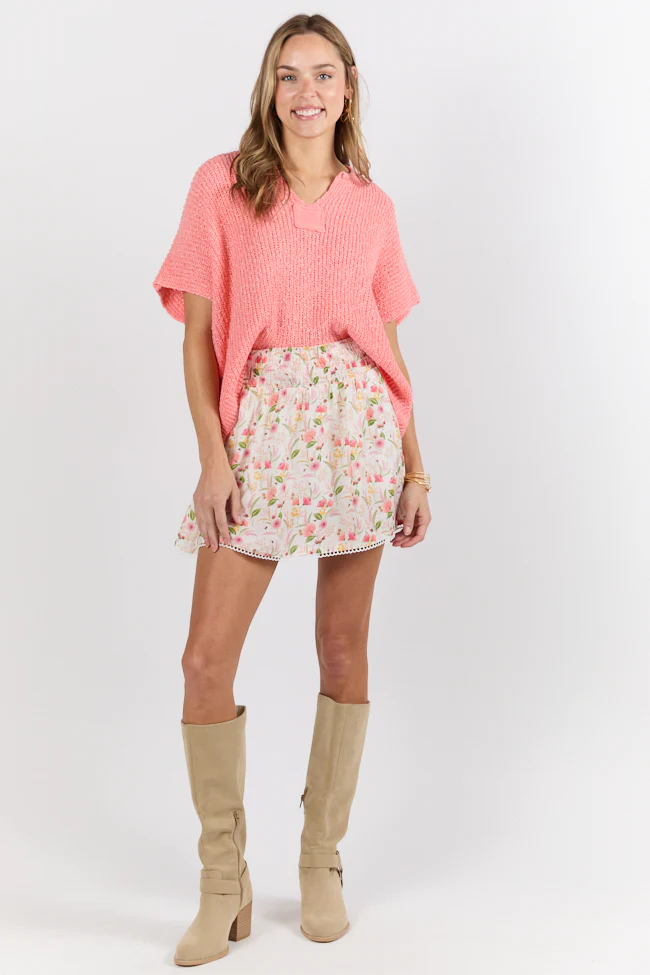 Make Waves Coral Short Sleeve Textured Lightweight Sweater FINAL SALE - Terpint