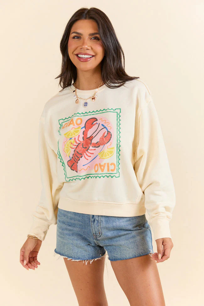 Ciao Ciao Cream Raw Hem Fleece Graphic Sweatshirt - Terpint