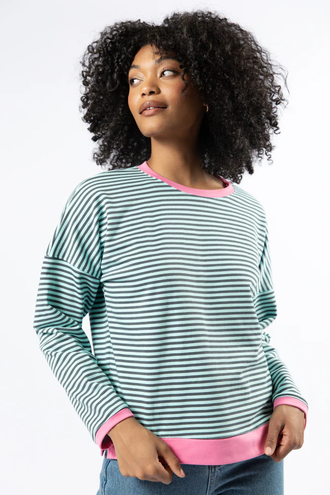 Think On It Pink, Navy, and Charcoal Striped Contrast Trim Pullover FINAL SALE - Terpint