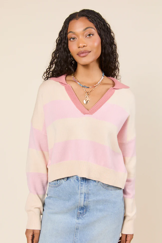 Hibiscus Pink and Cream Striped Collared V-Neck Sweater - Terpint
