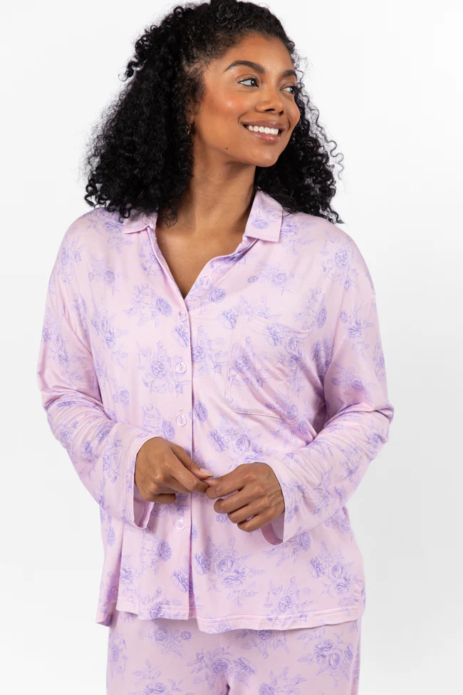 Sweet Dreams In Purple Floral Fantasy Long Sleeve Pajama Top FINAL SALE - Terpint