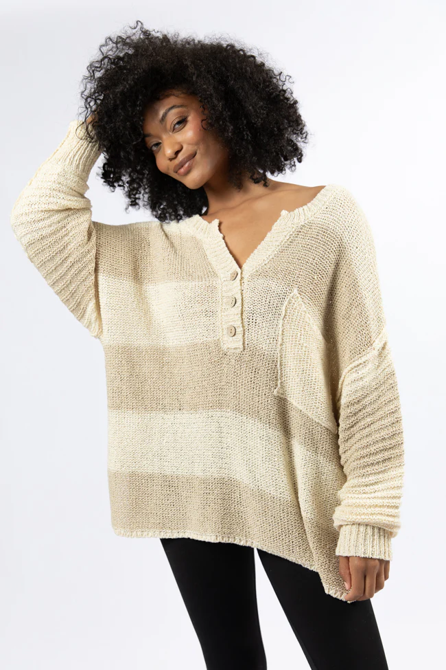 Know You Best Beige Oversized Striped Henley Sweater - Terpint
