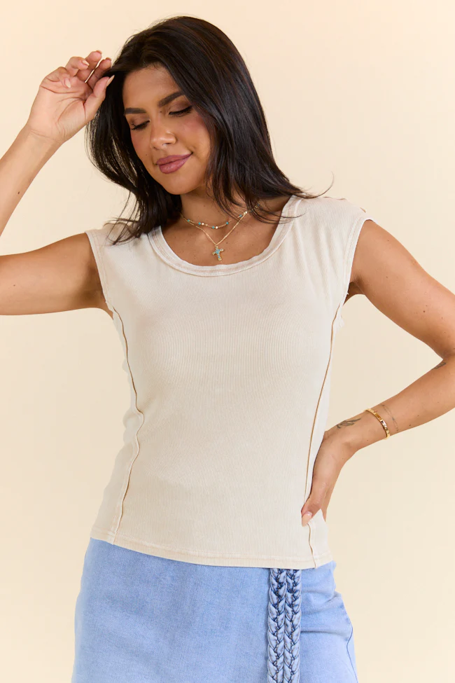 Classic Tunes Khaki Cap Sleeve Acid Wash Knit Top FINAL SALE - Terpint