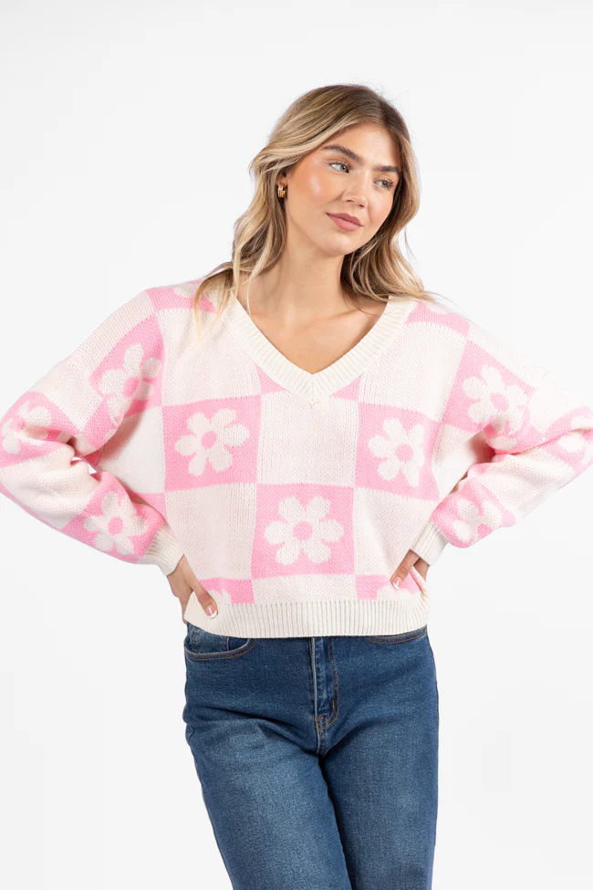 Found A New Way Pink V-Neck Checkered Flower Sweater FINAL SALE - Terpint
