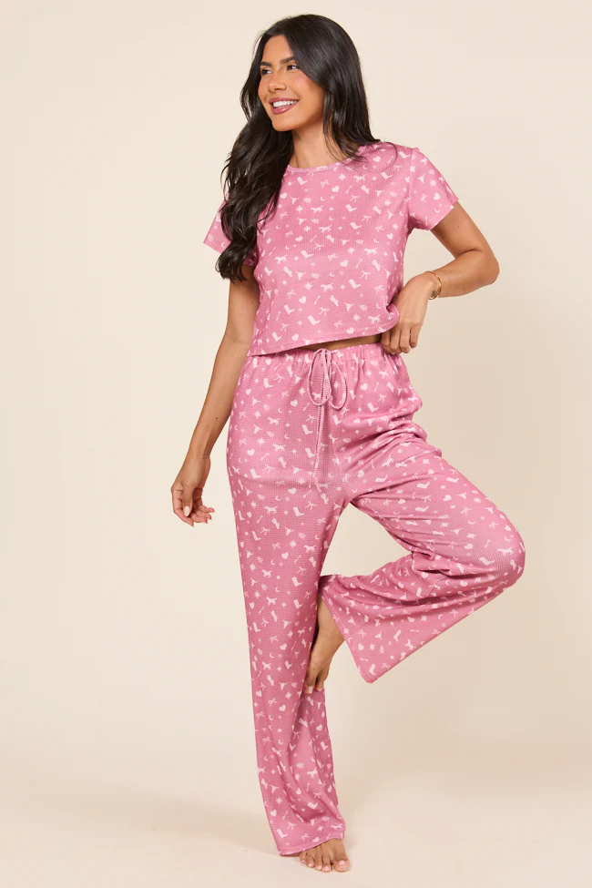 Lainey Waffle Knit Pink Western Icon Pajama Top - Terpint