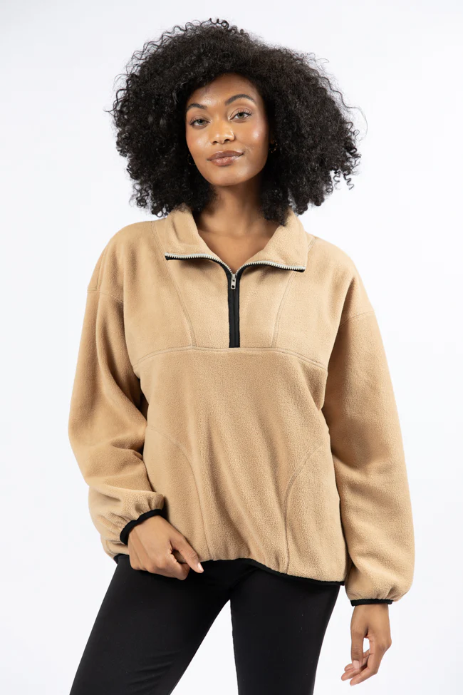 Outside The Box Beige Contrast Trim Fleece Pullover FINAL SALE - Terpint