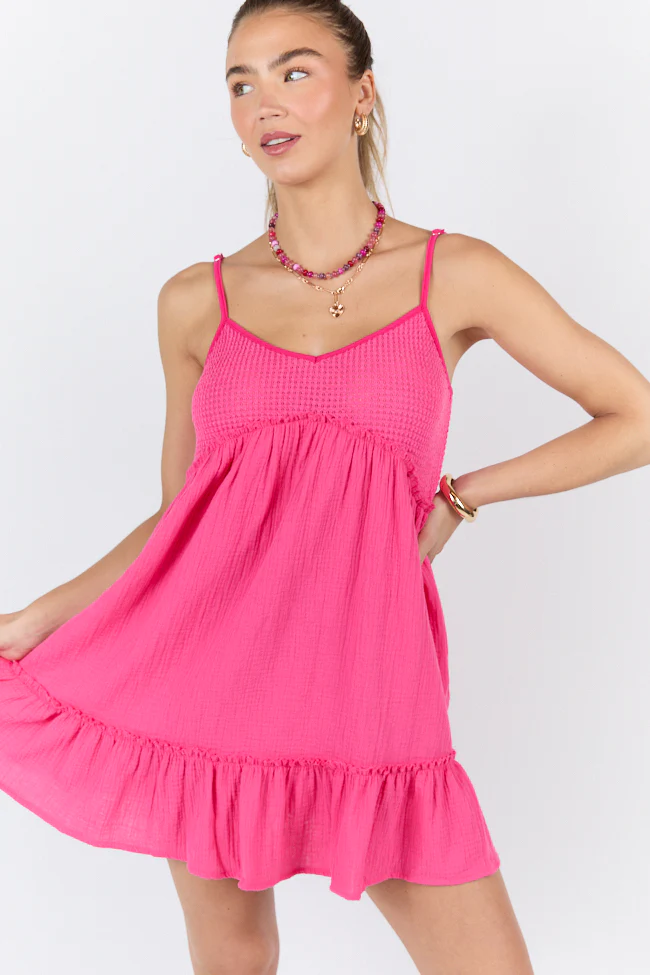 Sunny Day Stroll Pink Waffle & Gauze Mini Dress SALE - Terpint