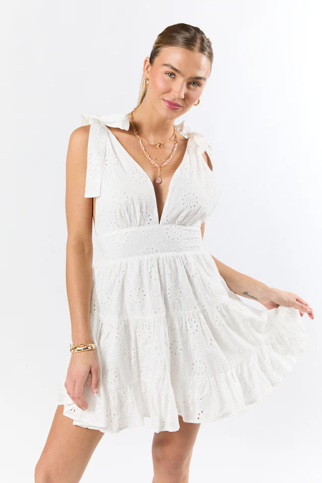 Wear With Love White Tie Shoulder Eyelet Dress FINAL SALE - Terpint