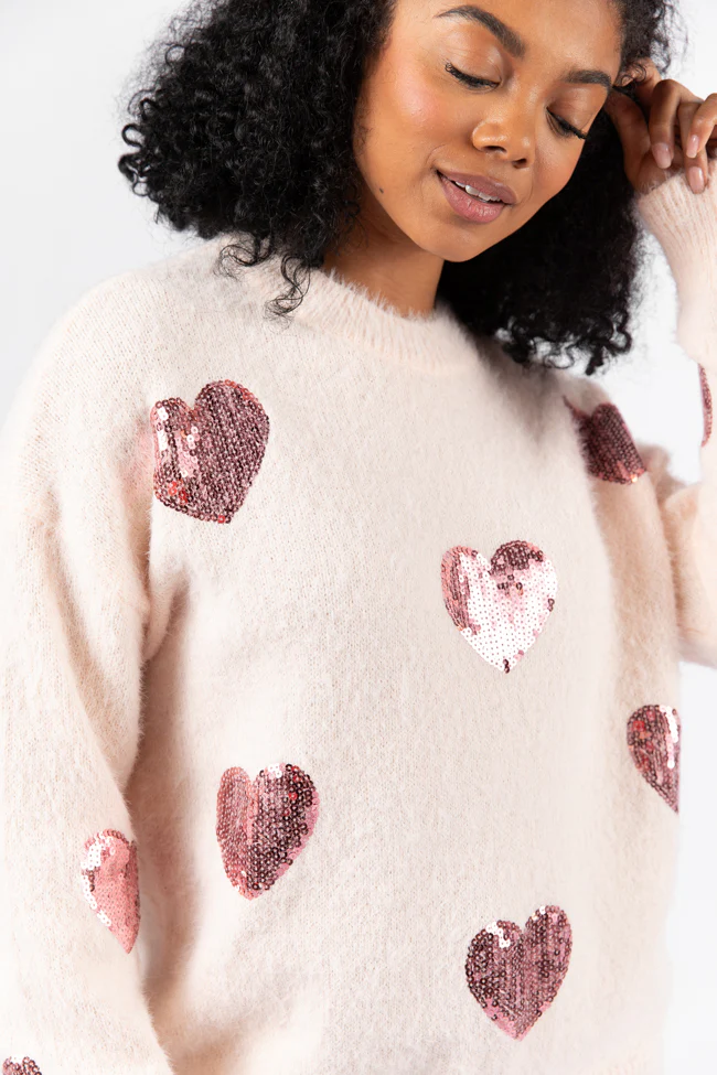 True Romance Blush Sequin Heart Sweater FINAL SALE - Terpint