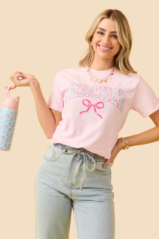 Teacher Block Florals Light Pink Graphic Tee DOORBUSTER - Terpint