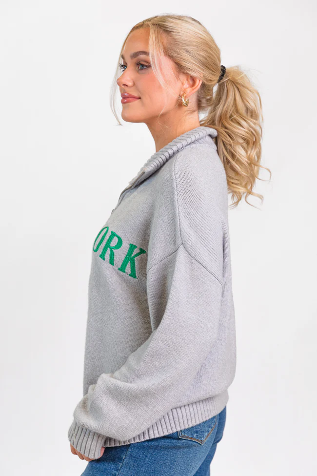 Roll With It Grey and Green New York Embroidered Quarter Zip Sweater FINAL SALE - Terpint