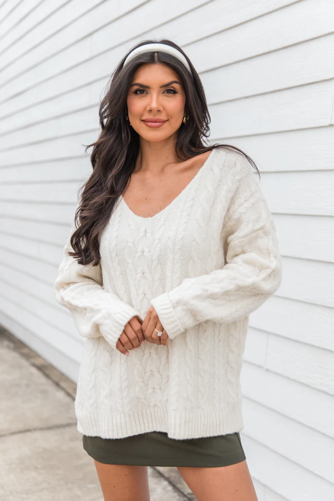 When You Call Ivory Oversized Cable Knit V-neck Sweater FINAL SALE - Terpint