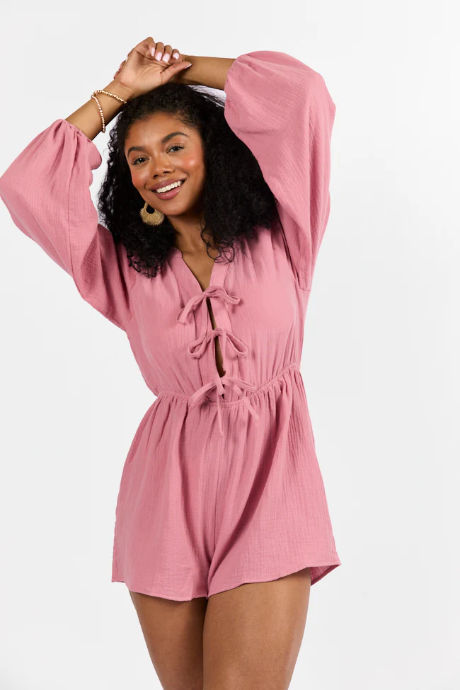 Endless Sunshine Pink Tie Front Long Sleeve Romper FINAL SALE - Terpint