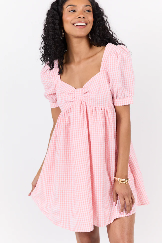 Strawberry Fields Pink Gingham Mini Dress DOORBUSTER - Terpint