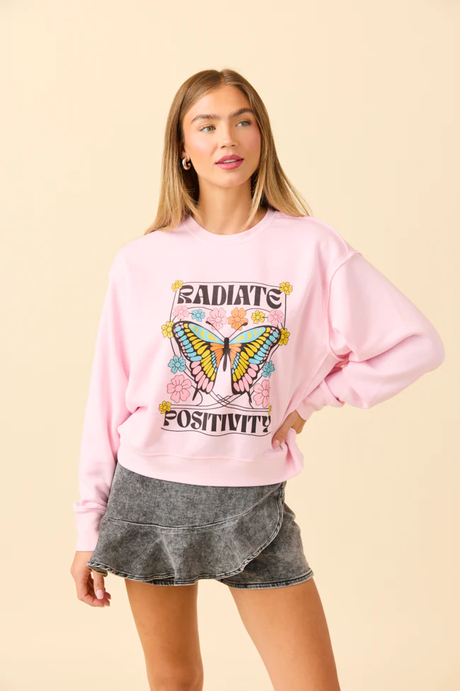 Radiate Positivity Soft Pink Raw Hem Fleece Graphic Sweatshirt - Terpint