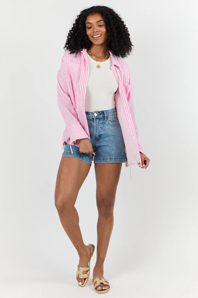 Daybreak Dreams Pink Gauze Multi Stripe Button Down Top FINAL SALE - Terpint