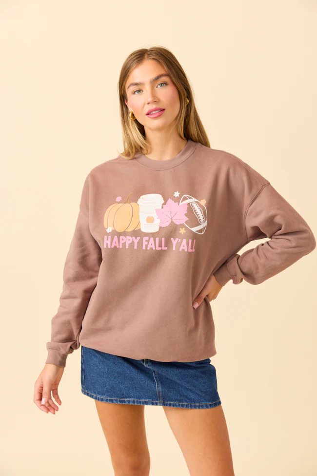 Happy Fall Y'all Mocha Graphic Sweatshirt DOORBUSTER - Terpint