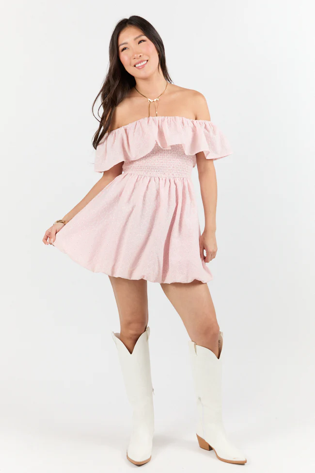 Best Reflection Blush Off The Shoulder Eyelet Gingham Dress FINAL SALE - Terpint