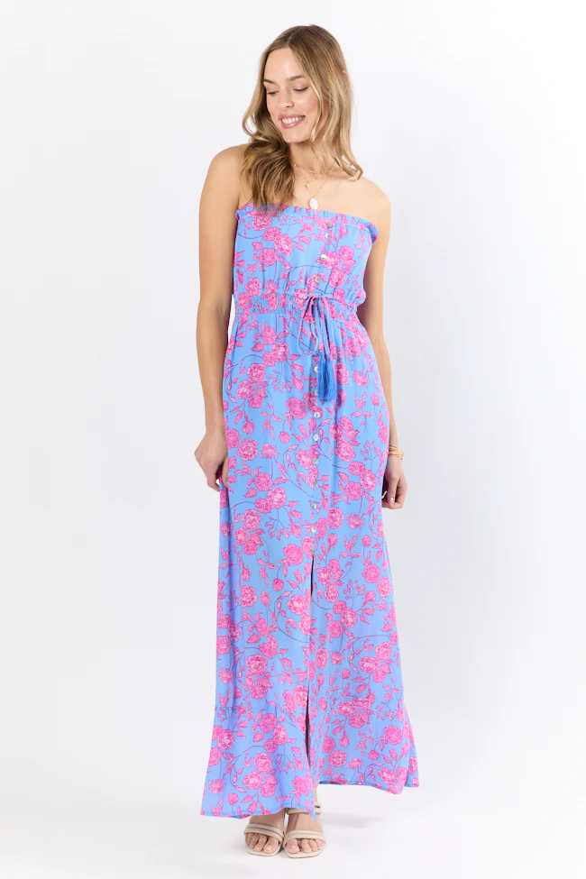 Floral Oasis Blue and Pink Strapless Printed Maxi Dress FINAL SALE - Terpint